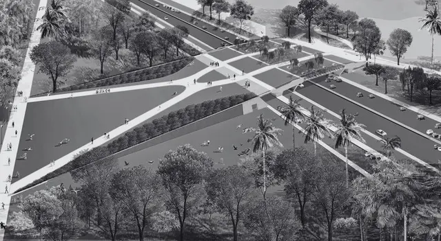 Aerial rendering of Simón Bolívar Park and its landscaped paths